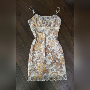 Forever 21 Cream and Brown Spaghetti Strap Floral Mini Bodycon Sundress Small